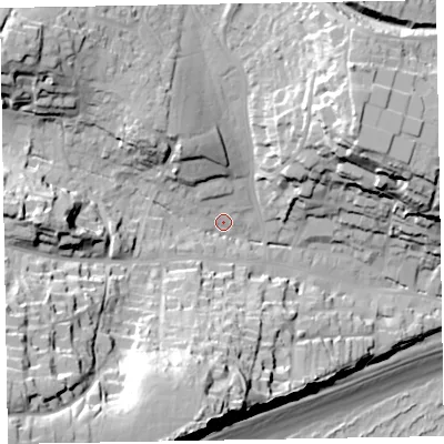 Shaded relief map of the ground around EX96RJ, computed from Environment Agency LiDAR. The ground here sits at about 15 m above sea level and falls 65 m across the surrounding 800 m. Surface water reaching this point runs off ground lying to the south-west, 48.9 m higher.
