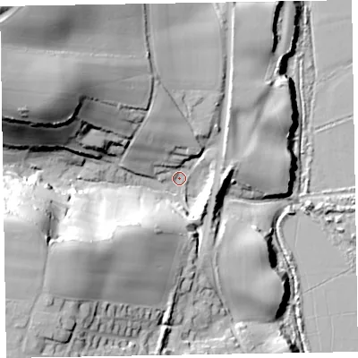 Shaded relief map of the ground around EX97AB, computed from Environment Agency LiDAR. The ground here sits at about 5 m above sea level and falls 51 m across the surrounding 800 m. Surface water reaching this point runs off ground lying to the north-west, 39.7 m higher.