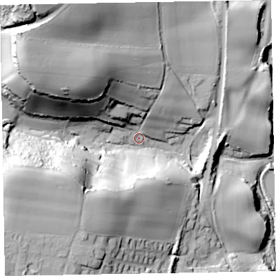Shaded relief map of the ground around EX97AD, computed from Environment Agency LiDAR. The ground here sits at about 8 m above sea level and falls 56 m across the surrounding 800 m. Surface water reaching this point runs off ground lying to the west-south-west, 44.8 m higher.