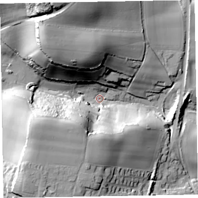 Shaded relief map of the ground around EX97AF, computed from Environment Agency LiDAR. The ground here sits at about 9 m above sea level and falls 53 m across the surrounding 800 m. Surface water reaching this point runs off ground lying to the west-south-west, 44.8 m higher.