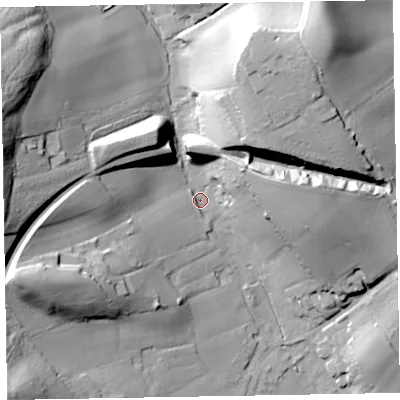 Shaded relief map of the ground around EX97AH, computed from Environment Agency LiDAR. The ground here sits at about 41 m above sea level and falls 55 m across the surrounding 800 m. Surface water reaching this point runs off ground lying to the west-north-west, 46.9 m higher.