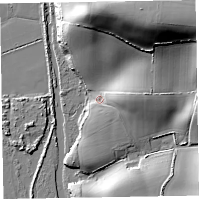 Shaded relief map of the ground around EX97AZ, computed from Environment Agency LiDAR. The ground here sits at about 7 m above sea level and falls 57 m across the surrounding 800 m. Surface water reaching this point runs off ground lying to the east, 17.6 m higher.