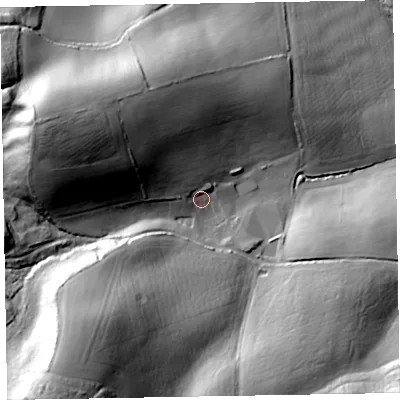 Shaded relief map of the ground around EX97BS, computed from Environment Agency LiDAR. The ground here sits at about 49 m above sea level and falls 64 m across the surrounding 800 m. Surface water reaching this point runs off ground lying to the west-north-west, 46.4 m higher.