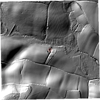 Shaded relief map of the ground around EX97BT, computed from Environment Agency LiDAR. The ground here sits at about 27 m above sea level and falls 63 m across the surrounding 800 m. Surface water reaching this point runs off ground lying to the south-west, 17.6 m higher.