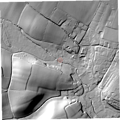 Shaded relief map of the ground around EX97DA, computed from Environment Agency LiDAR. The ground here sits at about 18 m above sea level and falls 41 m across the surrounding 800 m. Surface water reaching this point runs off ground lying to the west-south-west, 35.3 m higher.