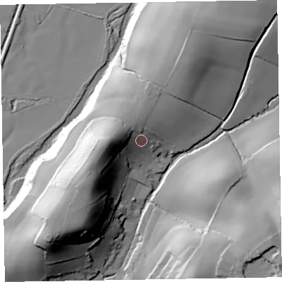 Shaded relief map of the ground around EX97DD, computed from Environment Agency LiDAR. The ground here sits at about 32 m above sea level and falls 53 m across the surrounding 800 m. Surface water reaching this point runs off ground lying to the west-north-west, 15.4 m higher.
