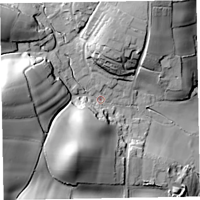 Shaded relief map of the ground around EX97DJ, computed from Environment Agency LiDAR. The ground here sits at about 10 m above sea level and falls 49 m across the surrounding 800 m. Surface water reaching this point runs off ground lying to the west, 44.1 m higher.