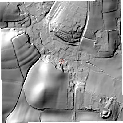Shaded relief map of the ground around EX97DL, computed from Environment Agency LiDAR. The ground here sits at about 10 m above sea level and falls 49 m across the surrounding 800 m. Surface water reaching this point runs off ground lying to the west, 42.7 m higher.