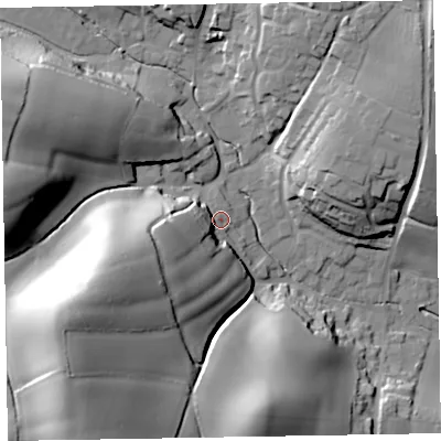 Shaded relief map of the ground around EX97DQ, computed from Environment Agency LiDAR. The ground here sits at about 16 m above sea level and falls 51 m across the surrounding 800 m. Surface water reaching this point runs off ground lying to the west-south-west, 35.8 m higher.