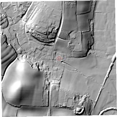 Shaded relief map of the ground around EX97DR, computed from Environment Agency LiDAR. The ground here sits at about 9 m above sea level and falls 45 m across the surrounding 800 m. Surface water reaching this point runs off ground lying to the north, 24.0 m higher.