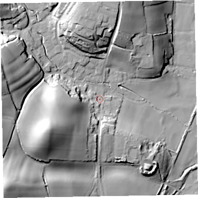 Shaded relief map of the ground around EX97DS, computed from Environment Agency LiDAR. The ground here sits at about 9 m above sea level and falls 51 m across the surrounding 800 m. Surface water reaching this point runs off ground lying to the west-south-west, 37.3 m higher.