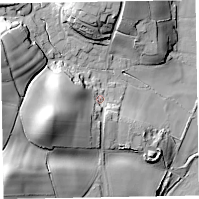 Shaded relief map of the ground around EX97DT, computed from Environment Agency LiDAR. The ground here sits at about 13 m above sea level and falls 52 m across the surrounding 800 m. Surface water reaching this point runs off ground lying to the west-south-west, 33.5 m higher.
