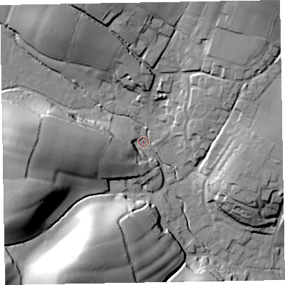 Shaded relief map of the ground around EX97DU, computed from Environment Agency LiDAR. The ground here sits at about 16 m above sea level and falls 49 m across the surrounding 800 m. Surface water reaching this point runs off ground lying to the west-south-west, 31.5 m higher.