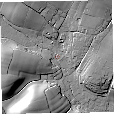 Shaded relief map of the ground around EX97DX, computed from Environment Agency LiDAR. The ground here sits at about 16 m above sea level and falls 49 m across the surrounding 800 m. Surface water reaching this point runs off ground lying to the north-north-west, 30.2 m higher.