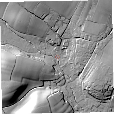Shaded relief map of the ground around EX97DY, computed from Environment Agency LiDAR. The ground here sits at about 16 m above sea level and falls 45 m across the surrounding 800 m. Surface water reaching this point runs off ground lying to the north-north-west, 32.3 m higher.
