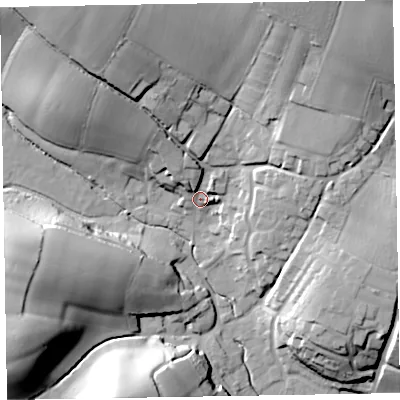 Shaded relief map of the ground around EX97ED, computed from Environment Agency LiDAR. The ground here sits at about 20 m above sea level and falls 39 m across the surrounding 800 m. Surface water reaching this point runs off ground lying to the north-north-west, 32.5 m higher.