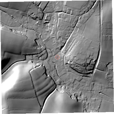 Shaded relief map of the ground around EX97EH, computed from Environment Agency LiDAR. The ground here sits at about 14 m above sea level and falls 51 m across the surrounding 800 m. Surface water reaching this point runs off ground lying to the east, 18.2 m higher.