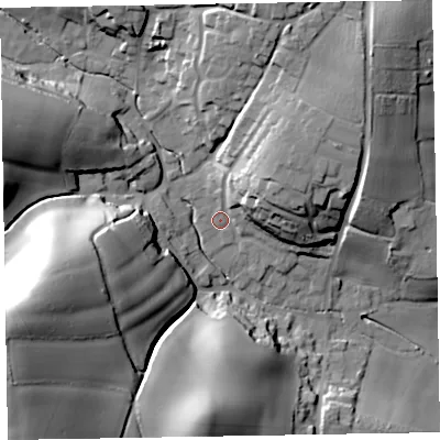 Shaded relief map of the ground around EX97EL, computed from Environment Agency LiDAR. The ground here sits at about 14 m above sea level and falls 51 m across the surrounding 800 m. Surface water reaching this point runs off ground lying to the north-east, 18.7 m higher.