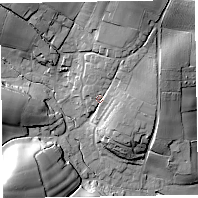 Shaded relief map of the ground around EX97EQ, computed from Environment Agency LiDAR. The ground here sits at about 24 m above sea level and falls 50 m across the surrounding 800 m. Surface water reaching this point runs off ground lying to the north-north-east, 10.8 m higher.