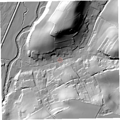 Shaded relief map of the ground around EX97HB, computed from Environment Agency LiDAR. The ground here sits at about 12 m above sea level and falls 55 m across the surrounding 800 m. Surface water reaching this point runs off ground lying to the south-east, 47.6 m higher.