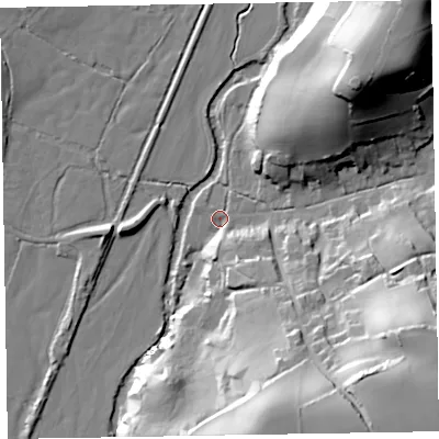 Shaded relief map of the ground around EX97HG, computed from Environment Agency LiDAR. The ground here sits at about 6 m above sea level and falls 50 m across the surrounding 800 m. Surface water reaching this point runs off ground lying to the south-east, 47.5 m higher.