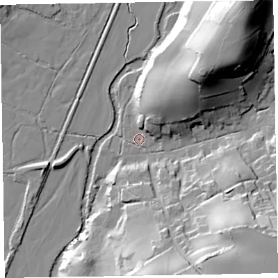 Shaded relief map of the ground around EX97HQ, computed from Environment Agency LiDAR. The ground here sits at about 8 m above sea level and falls 51 m across the surrounding 800 m. Surface water reaching this point runs off ground lying to the north-east, 38.2 m higher.