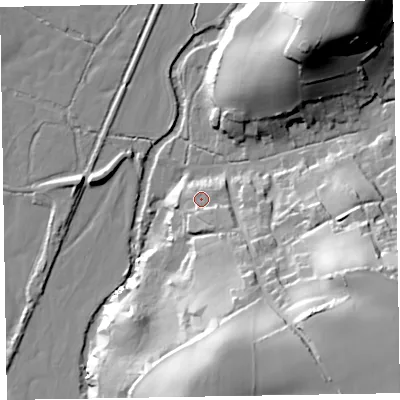 Shaded relief map of the ground around EX97HU, computed from Environment Agency LiDAR. The ground here sits at about 14 m above sea level and falls 51 m across the surrounding 800 m. Surface water reaching this point runs off ground lying to the south-south-east, 6.4 m higher.