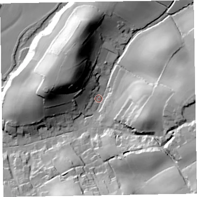 Shaded relief map of the ground around EX97HW, computed from Environment Agency LiDAR. The ground here sits at about 16 m above sea level and falls 56 m across the surrounding 800 m. Surface water reaching this point runs off ground lying to the east, 43.2 m higher.