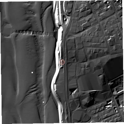 Shaded relief map of the ground around FY11AP, computed from Environment Agency LiDAR. The ground here sits at about 12 m above sea level and falls 27 m across the surrounding 800 m. Surface water reaching this point runs off ground lying to the north-north-east, 4.2 m higher.