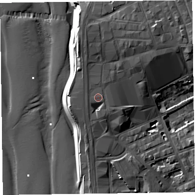 Shaded relief map of the ground around FY11NE, computed from Environment Agency LiDAR. The ground here sits at about 11 m above sea level and falls 26 m across the surrounding 800 m. Surface water reaching this point runs off ground lying to the north-east, 5.5 m higher.