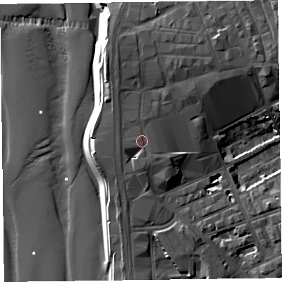 Shaded relief map of the ground around FY14BJ, computed from Environment Agency LiDAR. The ground here sits at about 11 m above sea level and falls 27 m across the surrounding 800 m. Surface water reaching this point runs off ground lying to the north-east, 5.7 m higher.