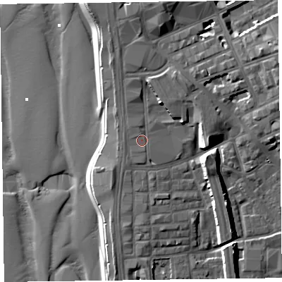 Shaded relief map of the ground around FY15AA, computed from Environment Agency LiDAR. The ground here sits at about 8 m above sea level and falls 16 m across the surrounding 800 m. Surface water reaching this point runs off ground lying to the south, 1.1 m higher.