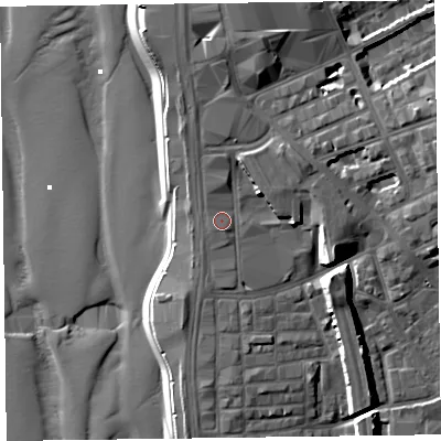 Shaded relief map of the ground around FY15AR, computed from Environment Agency LiDAR. The ground here sits at about 7 m above sea level and falls 15 m across the surrounding 800 m. Surface water reaching this point runs off ground lying to the south, 1.5 m higher.