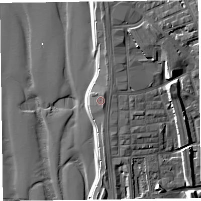 Shaded relief map of the ground around FY15BB, computed from Environment Agency LiDAR. The ground here sits at about 8 m above sea level and falls 15 m across the surrounding 800 m. Surface water reaching this point runs off ground lying to the north-east, 1.2 m higher.