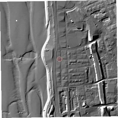 Shaded relief map of the ground around FY15BD, computed from Environment Agency LiDAR. The ground here sits at about 8 m above sea level and falls 16 m across the surrounding 800 m. The ground contributing surface water to this point lies to the north-north-west.