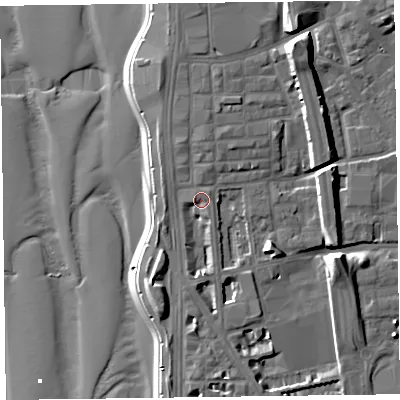 Shaded relief map of the ground around FY15BJ, computed from Environment Agency LiDAR. The ground here sits at about 7 m above sea level and falls 14 m across the surrounding 800 m. Surface water reaching this point runs off ground lying to the south-south-west, 4.1 m higher.