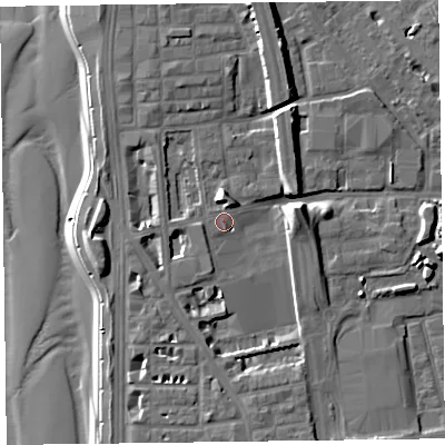 Shaded relief map of the ground around FY15DD, computed from Environment Agency LiDAR. The ground here sits at about 7 m above sea level and falls 11 m across the surrounding 800 m. Surface water reaching this point runs off ground lying to the south-south-east, 0.7 m higher.