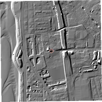 Shaded relief map of the ground around FY15DE, computed from Environment Agency LiDAR. The ground here sits at about 10 m above sea level and falls 13 m across the surrounding 800 m. Surface water reaching this point runs off ground lying to the west-north-west, 3.3 m higher.