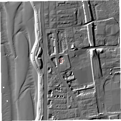 Shaded relief map of the ground around FY15DF, computed from Environment Agency LiDAR. The ground here sits at about 5 m above sea level and falls 12 m across the surrounding 800 m. Surface water reaching this point runs off ground lying to the north-east, 3.1 m higher.