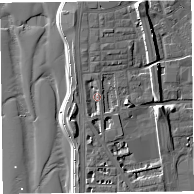 Shaded relief map of the ground around FY15DH, computed from Environment Agency LiDAR. The ground here sits at about 7 m above sea level and falls 14 m across the surrounding 800 m. Surface water reaching this point runs off ground lying to the south-west, 4.1 m higher.