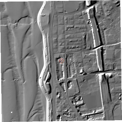 Shaded relief map of the ground around FY15DJ, computed from Environment Agency LiDAR. The ground here sits at about 7 m above sea level and falls 14 m across the surrounding 800 m. Surface water reaching this point runs off ground lying to the south-south-west, 4.1 m higher.