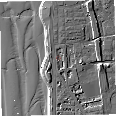 Shaded relief map of the ground around FY15DL, computed from Environment Agency LiDAR. The ground here sits at about 6 m above sea level and falls 15 m across the surrounding 800 m. Surface water reaching this point runs off ground lying to the south-south-west, 2.8 m higher.