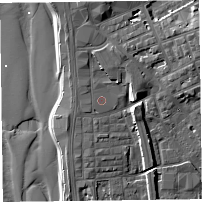 Shaded relief map of the ground around FY15DQ, computed from Environment Agency LiDAR. The ground here sits at about 7 m above sea level and falls 16 m across the surrounding 800 m. Surface water reaching this point runs off ground lying to the west-south-west, 0.8 m higher.