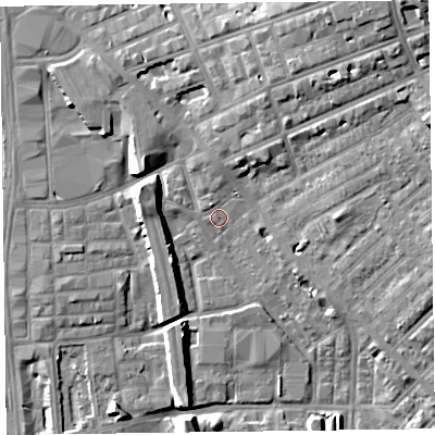 Shaded relief map of the ground around FY15DT, computed from Environment Agency LiDAR. The ground here sits at about 7 m above sea level and falls 16 m across the surrounding 800 m. Surface water reaching this point runs off ground lying to the north, 2.9 m higher.