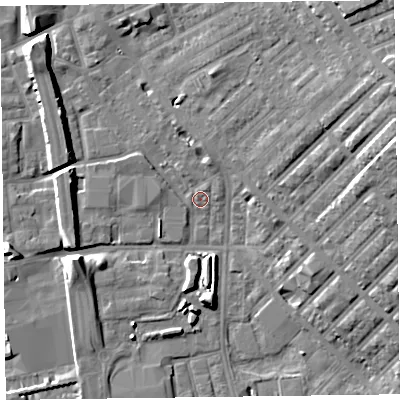 Shaded relief map of the ground around FY15EN, computed from Environment Agency LiDAR. The ground here sits at about 5 m above sea level and falls 17 m across the surrounding 800 m. Surface water reaching this point runs off ground lying to the north-east, 17.2 m higher.