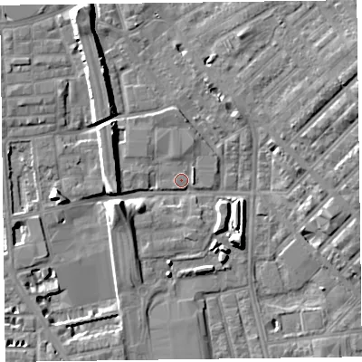 Shaded relief map of the ground around FY15EP, computed from Environment Agency LiDAR. The ground here sits at about 5 m above sea level and falls 13 m across the surrounding 800 m. Surface water reaching this point runs off ground lying to the west-south-west, 7.0 m higher.