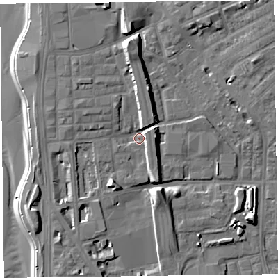 Shaded relief map of the ground around FY15EQ, computed from Environment Agency LiDAR. The ground here sits at about 6 m above sea level and falls 13 m across the surrounding 800 m. Surface water reaching this point runs off ground lying to the south-south-east, 6.0 m higher.