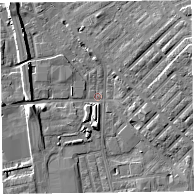 Shaded relief map of the ground around FY15EW, computed from Environment Agency LiDAR. The ground here sits at about 4 m above sea level and falls 17 m across the surrounding 800 m. Surface water reaching this point runs off ground lying to the west, 7.7 m higher.