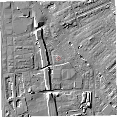 Shaded relief map of the ground around FY15EX, computed from Environment Agency LiDAR. The ground here sits at about 6 m above sea level and falls 13 m across the surrounding 800 m. Surface water reaching this point runs off ground lying to the north-west, 8.0 m higher.