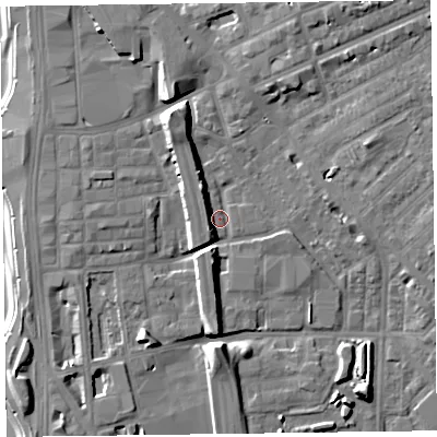 Shaded relief map of the ground around FY15EZ, computed from Environment Agency LiDAR. The ground here sits at about 6 m above sea level and falls 14 m across the surrounding 800 m. Surface water reaching this point runs off ground lying to the north-north-west, 8.0 m higher.